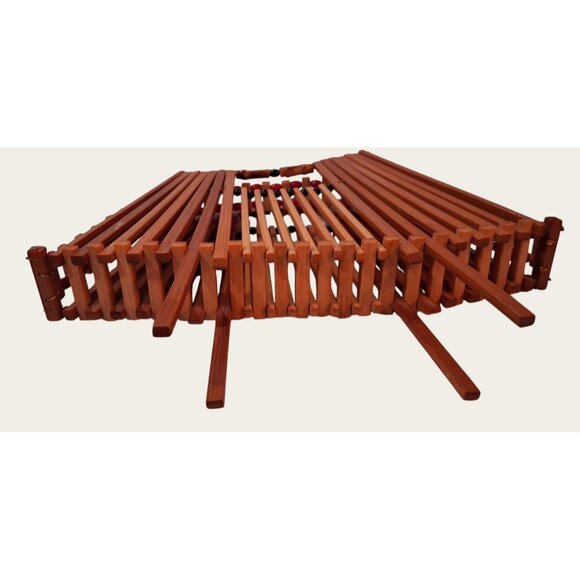 Collapsible Wooden Fruit Basket MCM Red Beads Accents Vintage Teak Wood - Picture 10 of 12